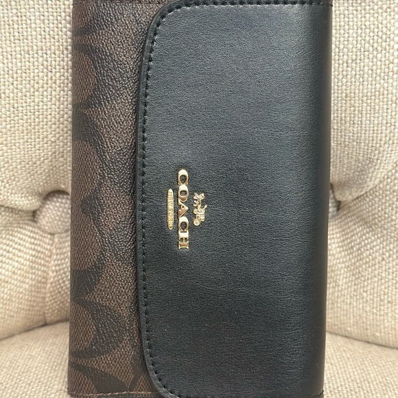 Coach Medium Trifold Envelope Wallet Signature Leather Brown Black Pre-Owned - Picture 2 of 7